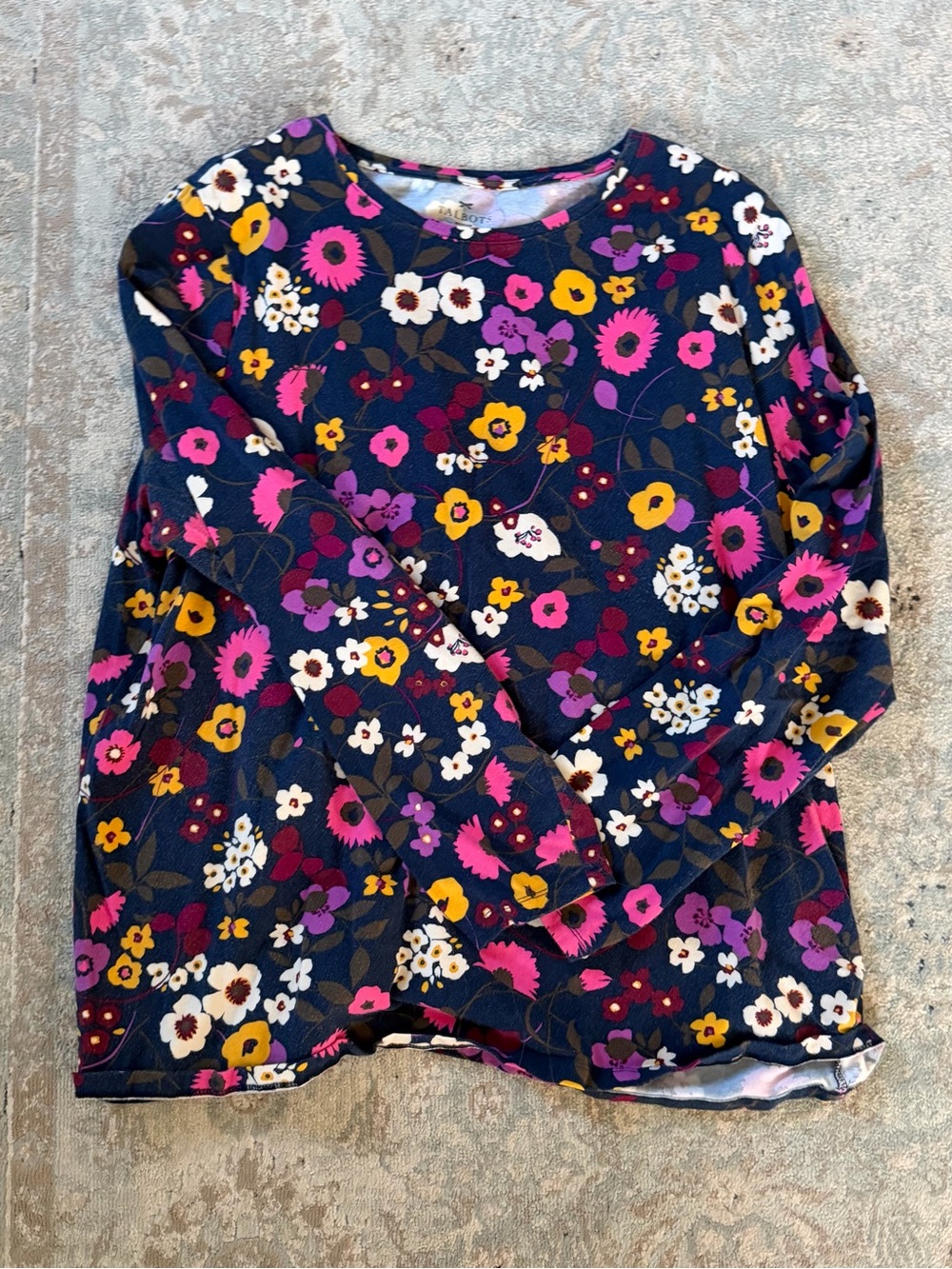 Talbots Navy Floral Long-Sleeve Tee with Pink, Yellow & White Flowers